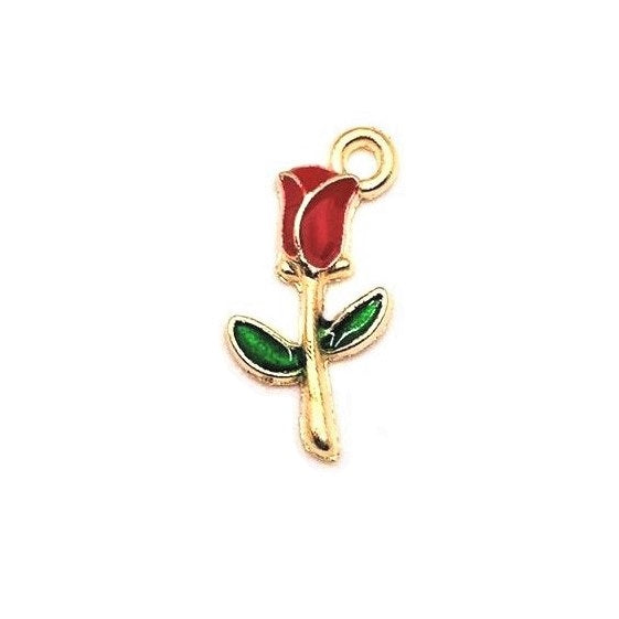 4, 20 or 50 Pieces: Red Enamel Rose Charms